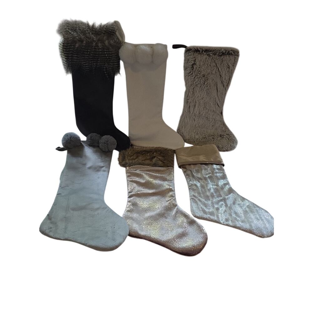 Lot Of 6 Christmas Stockings Pompoms Owl Gold Gray White Fuzzy Glittery